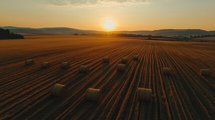 Fototapeta premium Golden Hour Over Neatly Arranged Hay Bales in Field