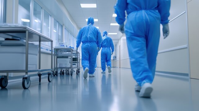 Healthcare workers in blue scrubs walking