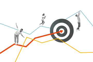 Composite collage picture image of energetic team collaboration work arrow point career...