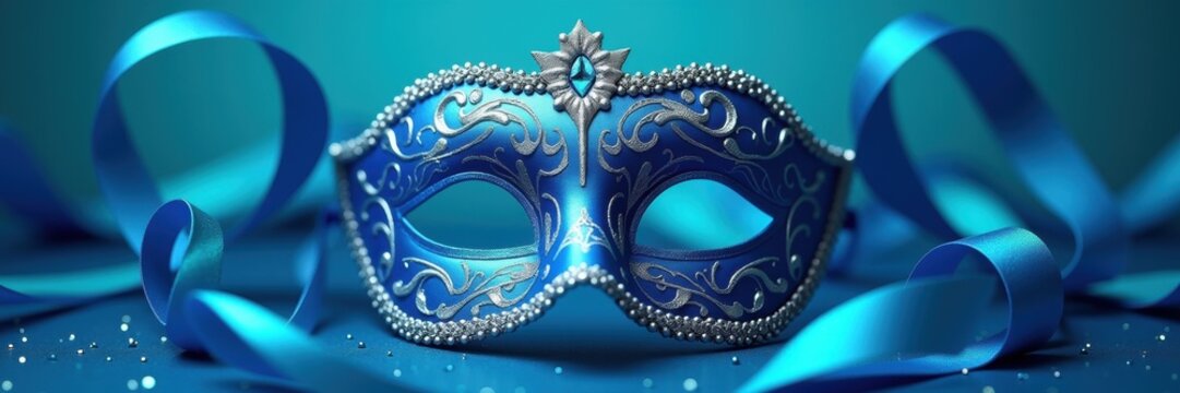 A stunning blue masquerade mask adorned with intricate designs, perfect for themed events, parties, and artistic presentations. Elevate your creative projects with this elegant imagery.