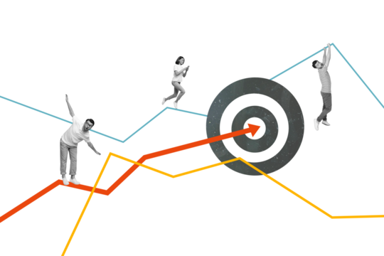 Composite collage picture image of energetic team collaboration work arrow point career goal surrealism template metaphor artwork concept