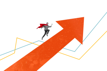 Composite collage image of funny man energetic superman fly up arrow point career goal surrealism template metaphor artwork concept