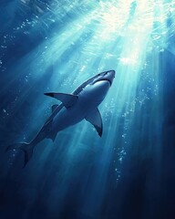 Fototapeta premium Great White Shark Swimming Underwater in Clear Waters