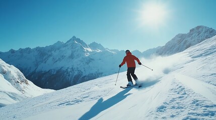 Skier Descending a Snowy Mountain Slope