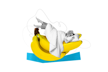 Creative abstract collage of young female sleeping lying bananas have rest cook eat food surrealism template metaphor artwork concept