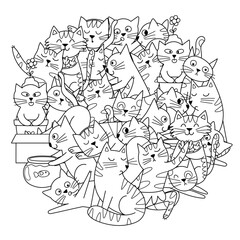 Obraz premium Cute cats circle shape coloring page. Doodle mandala with funny feline animals for coloring book. Outline background. Vector illustration