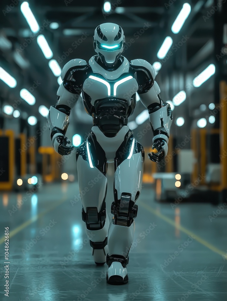 Poster High-Detail 3D Robot with LED Lights in Dark Setting