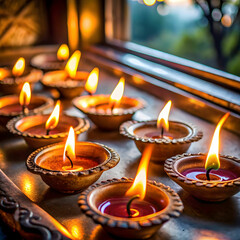 Close-ups of thalis (prayer plates) adorned with diyas