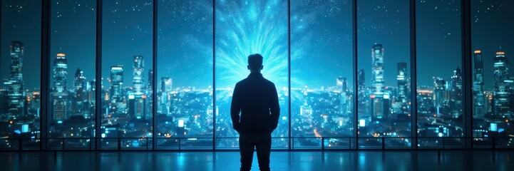 A contemplative figure gazes at a vibrant cityscape, embodying ambition and vision in a modern, high-tech environment.