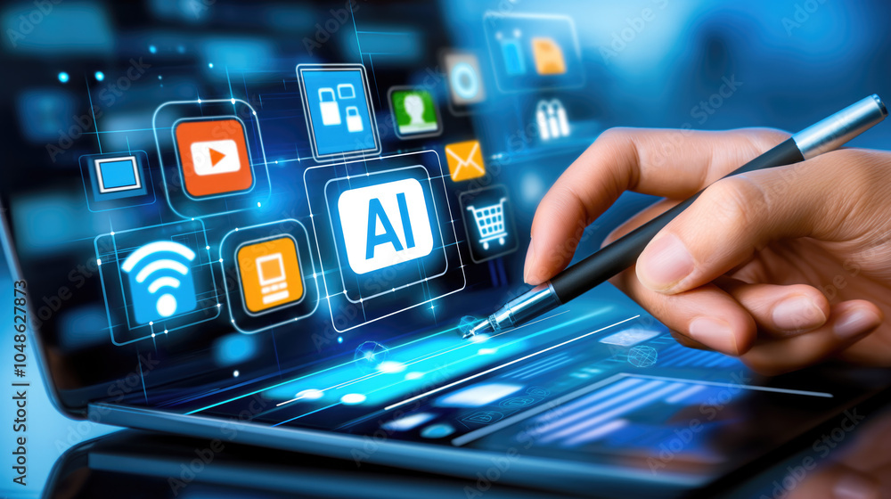 Poster hand pointing at ai symbols on 3d digital screen surrounded by futuristic elements symbolizing the p