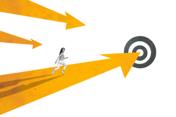 Creative trend collage of funny young female running way arrow point career goal target surrealism template metaphor artwork concept