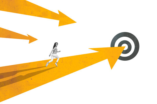 Creative trend collage of funny young female running way arrow point career goal target surrealism template metaphor artwork concept
