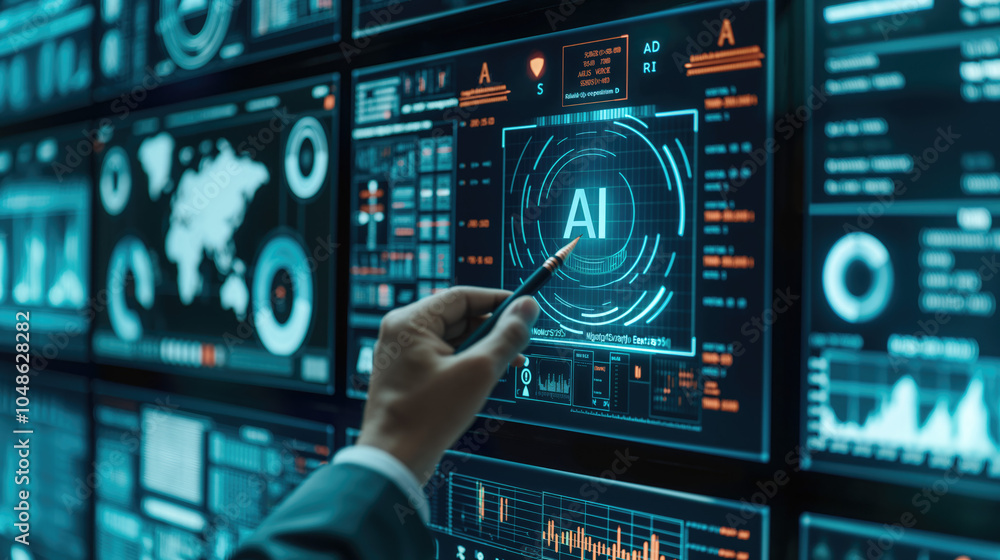 Poster hand pointing at ai symbols on 3d digital screen surrounded by futuristic elements symbolizing the p