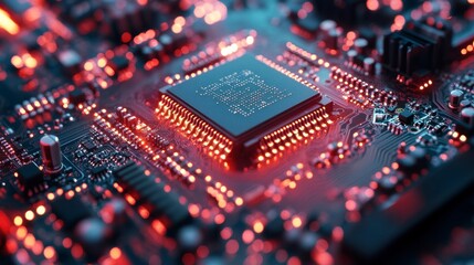 Fototapeta premium Red LED Illuminated Motherboard Circuit Board
