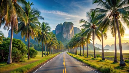 Tropical landscape with straight road, palm trees, and rocky mountains