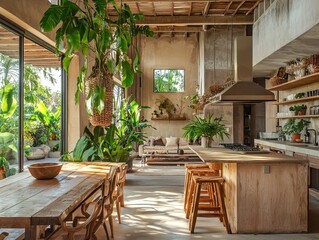 Fototapeta premium Serene Open Kitchen and Dining Area with Natural Wood