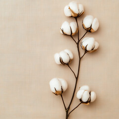 Branch with cotton blooms on a beige background, square crop.