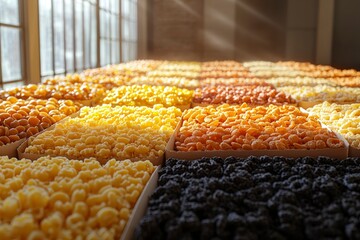 Rows of Dried Food in Cardboard Boxes under a Window