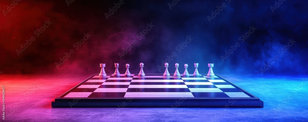 Poster futuristic chessboard with blockchain symbols and strategy