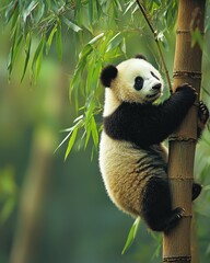 Obraz premium Panda Climbing a Tree in Lush Green Forest