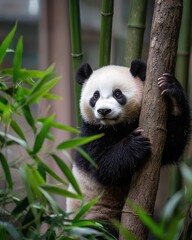 Fototapeta premium Panda Bear Climbing a Tree in Lush Green Surroundings
