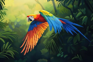 Obraz premium Vibrant Parrot Flying Through Lush Rainforest