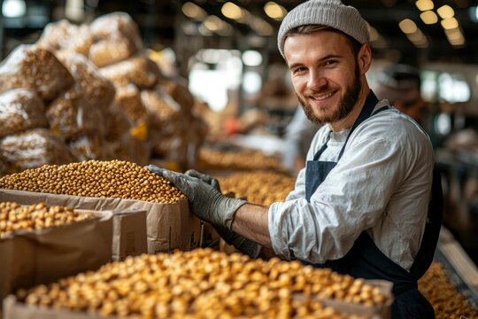 Man Working With Nuts and Wearing an Apron in a Factory