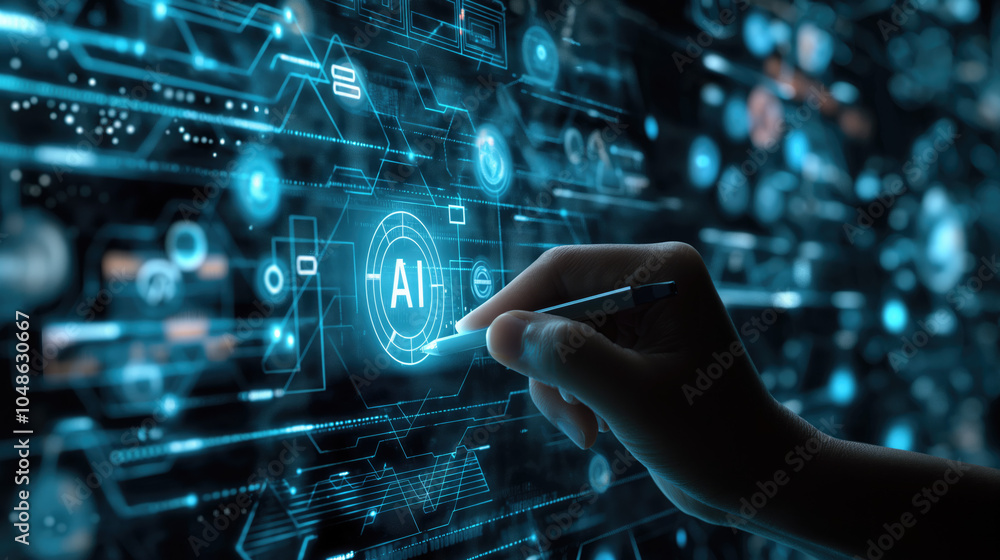 Poster hand pointing at ai symbols on 3d digital screen surrounded by futuristic elements symbolizing the p