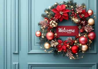 Festive holiday wreath adorned with red and gold ornaments, welcoming guests with a cheerful message on a blue door.