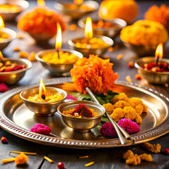 Close-ups of thalis (prayer plates) adorned with diyas