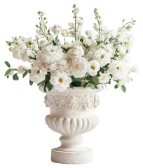 PNG French carved stone pot decorated flowers white vase.
