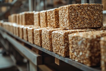 Close-up of Rows of Square-shaped Oat Bars Wrapped in Plastic
