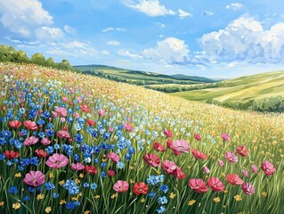 Obraz premium Vibrant Wildflowers in Rolling Green Fields