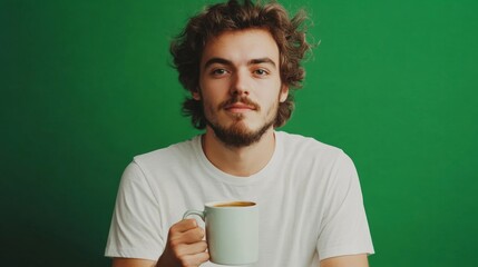 A relaxed individual holding a coffee mug radiating creativity in a startup environment.