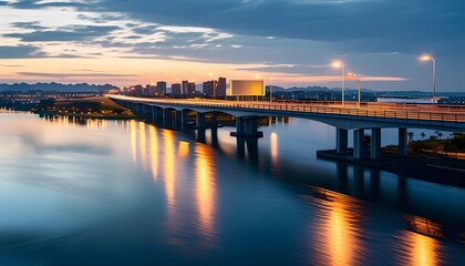 Obraz premium A serene sunset over a majestic bridge reflecting city lights on calm waters capturing the beauty of urban landscapes and tranquil moments in nature