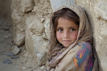 A young girl from the remote village of Kandahar in Afghanistan, wearing traditional , leaning against an old wall, with her head covered by a shawl adorned with colorful designs.