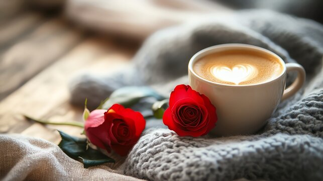 Sweet Pairing: A delightful arrangement of coffee and roses, showcasing the sweetness of love in everyday moments