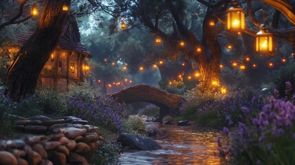 Obraz premium a charming European garden backdrop at dusk, with glowing lanterns hanging from the trees and illuminating a winding path lined with lavender and wildflowers