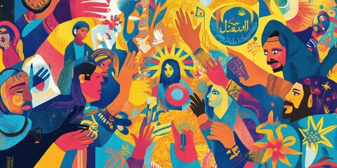 Abstract art with colorful figures and flowers.