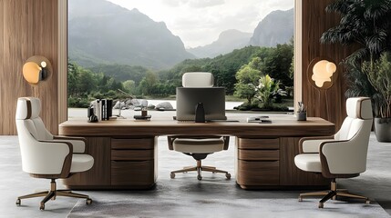 Fototapeta premium Office space with open-plan design, warm wooden accents, collaborative areas, and ergonomic furniture fostering productivity