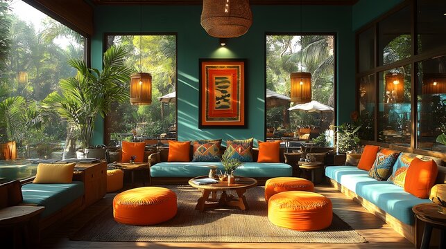 Cozy open-plan workspace with communal tables, glass walls, contemporary decor, and comfortable seating arrangements