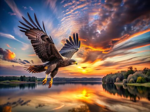 Long Exposure of Great Black-Hawk in Flight Over Serene Landscape at Dusk
