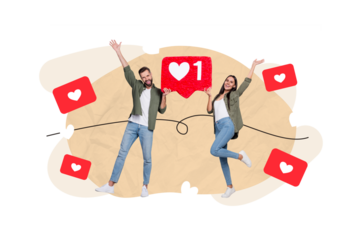 Creative collage picture of two excited cheerful people hold big like notification painted heart isolated on drawing background
