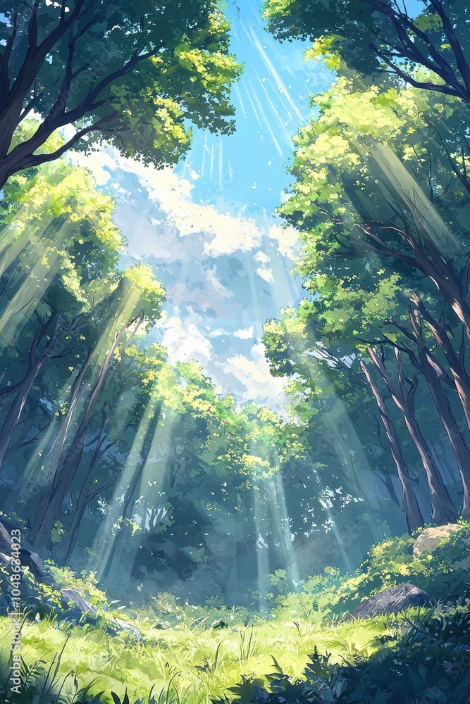 Poster Sunlight Streaming Through Trees in a Forest