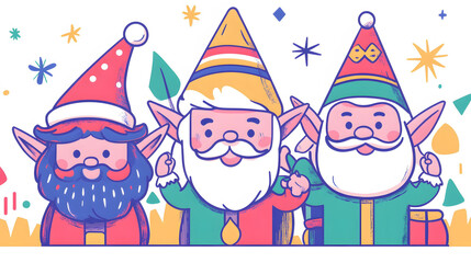 Fototapeta premium Christmas greeting card featuring a cartoon boy and Santa, with snowflakes, a snowman, and a festive tree, perfect for celebrating the holiday season
