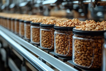 Close-up of Filled Jars Moving on a Conveyor Belt in a Food Production Facility