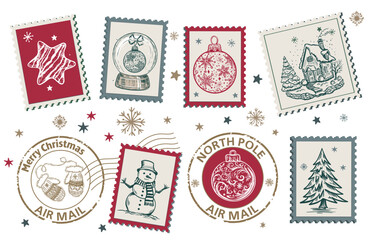 Advent calendar, Christmas Stamps, mail, postcard hand drawn illustrations.	
