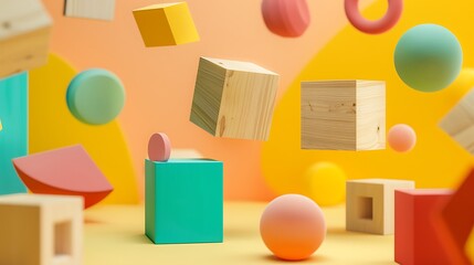 Wooden blocks floating in mid air with abstract colorful shapes - Powered by Adobe