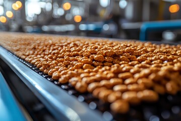 Fototapeta premium Close-up of Brown Food Products Moving on a Conveyor Belt in a Factory Setting