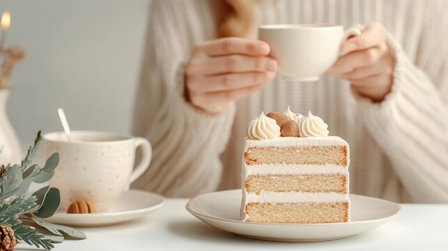 Elegant woman celebrating birthday with afternoon tea, chic teacup and cake setup